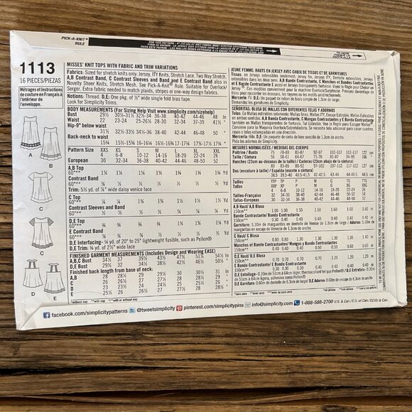 Simplicity Tanks & Tees Sewing Pattern 1113 NEW size XXS-XXL - Picture 2 of 2